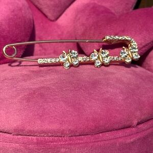 New Gold and Crystal Butterfly Safety Pin Large Brooch